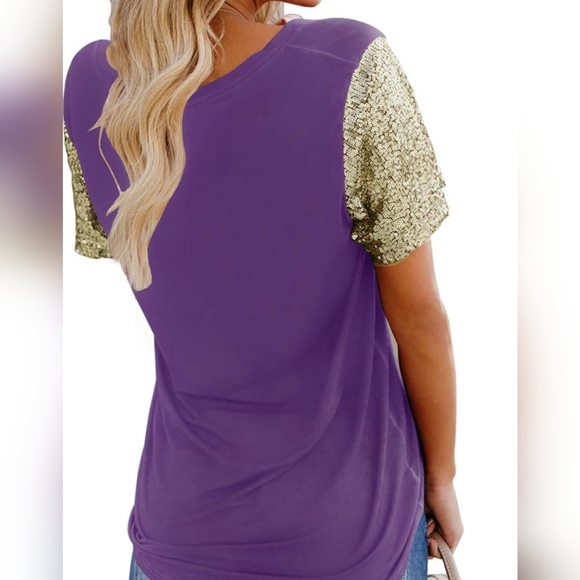 Topstype Women's Purple Short Sleeve Tee V Neck T Shirt Gold Sequin Large - Picture 4 of 4